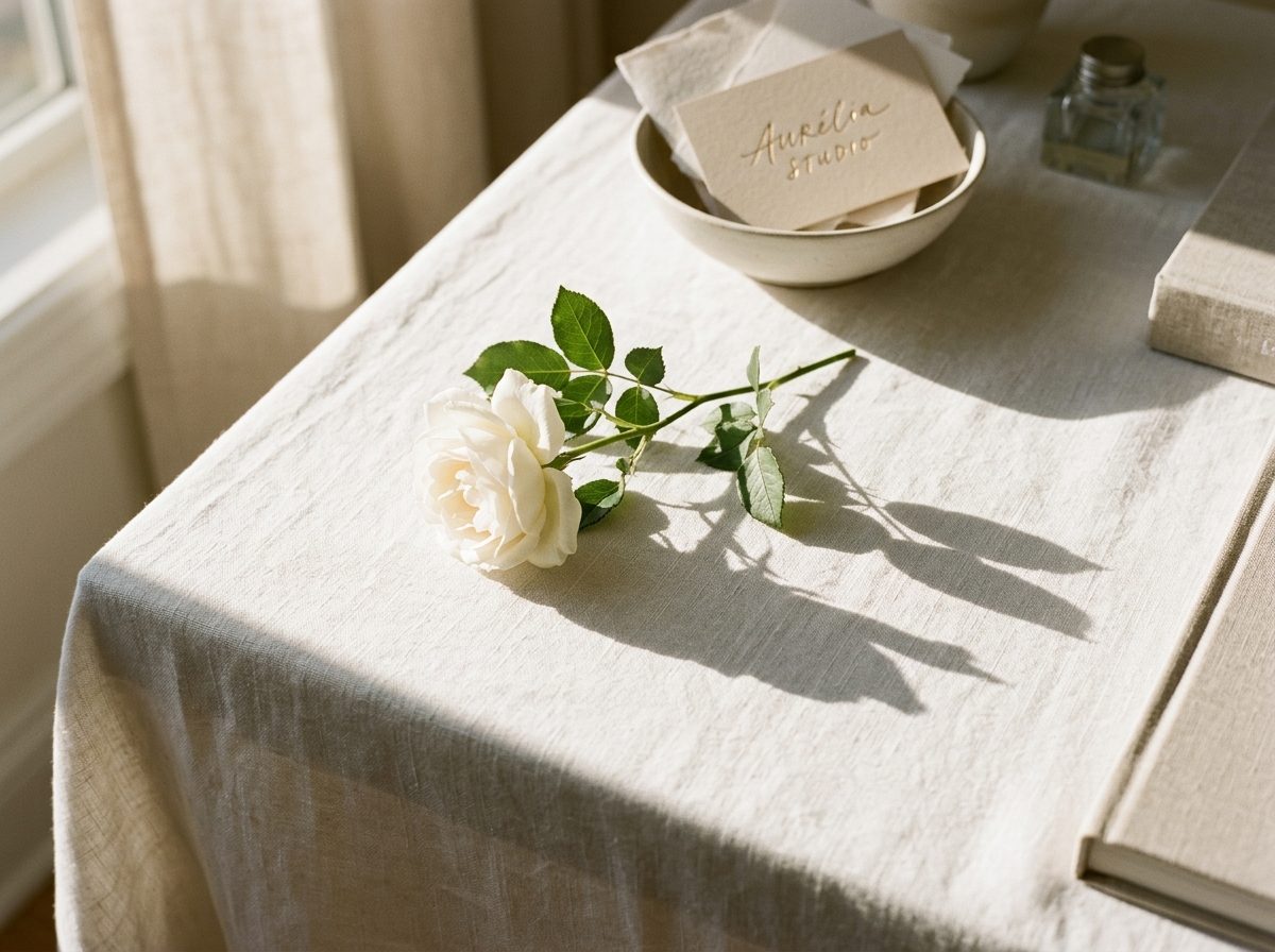 A high-end editorial minimalist photography of a white linen desk with a single rose