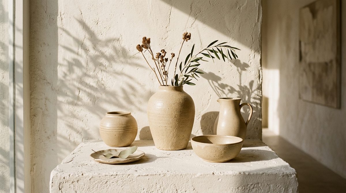 A luxurious serene minimalist still life on textured plaster shelf